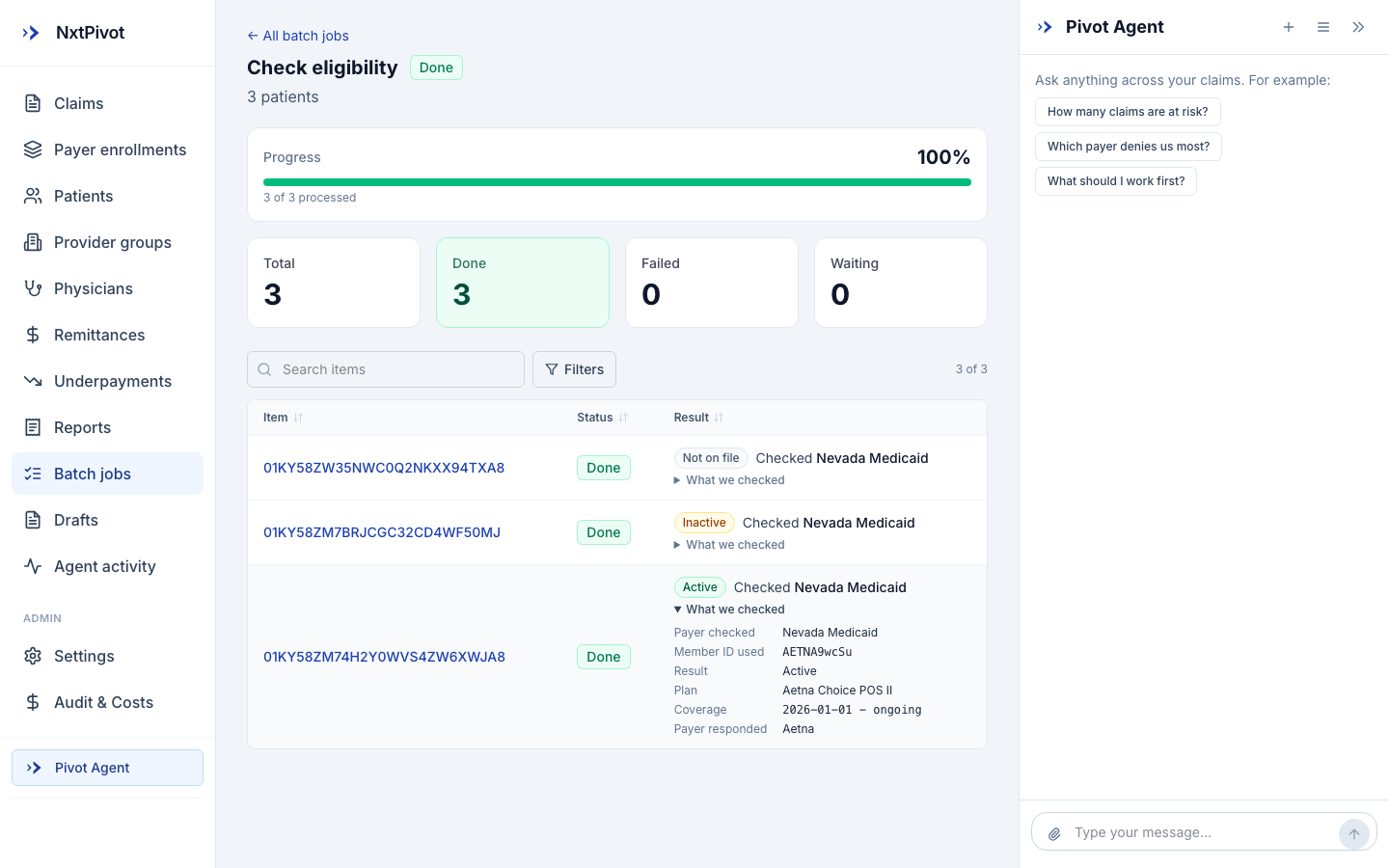 NxtPivot batch eligibility results showing three patients checked with statuses of not on file, inactive and active, with an expanded "What we checked" panel listing the payer checked, member ID used, result, plan name and coverage dates.