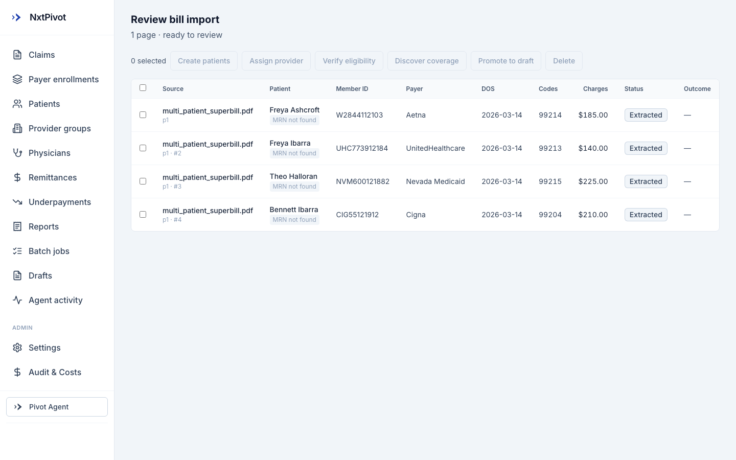 NxtPivot bill import review screen showing four claim rows extracted from a single multi-patient superbill PDF, each with patient name, member ID, payer, date of service, procedure code and charge, all marked Extracted and awaiting review.